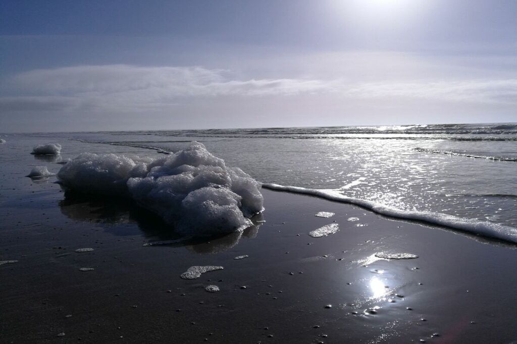 Una playa con arena mojada y espuma de olas rompiendo.