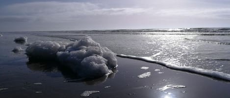 Una playa con arena mojada y espuma de olas rompiendo.