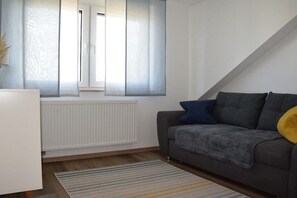 A living room with a sofa, a radiator, a window with curtains, and a striped rug. - Holiday apartment Mia (Künzell)