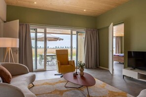 A modern living room with a sofa, armchair, and a TV stand. - Holiday home with 1 bedroom (Zonnemaire)