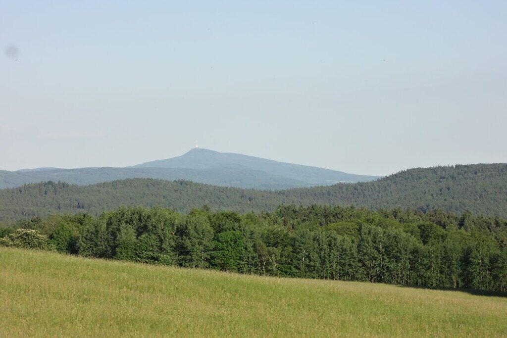 Un paysage de montagne avec une colline boisée au premier plan et une montagne en arrière-plan.