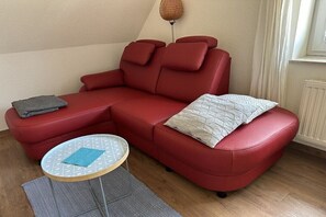 A red leather sofa with a grey cushion, a small round table with a blue placemat, and a grey rug on a wooden floor. - Holiday apartment with 1 bedroom (Malchow)