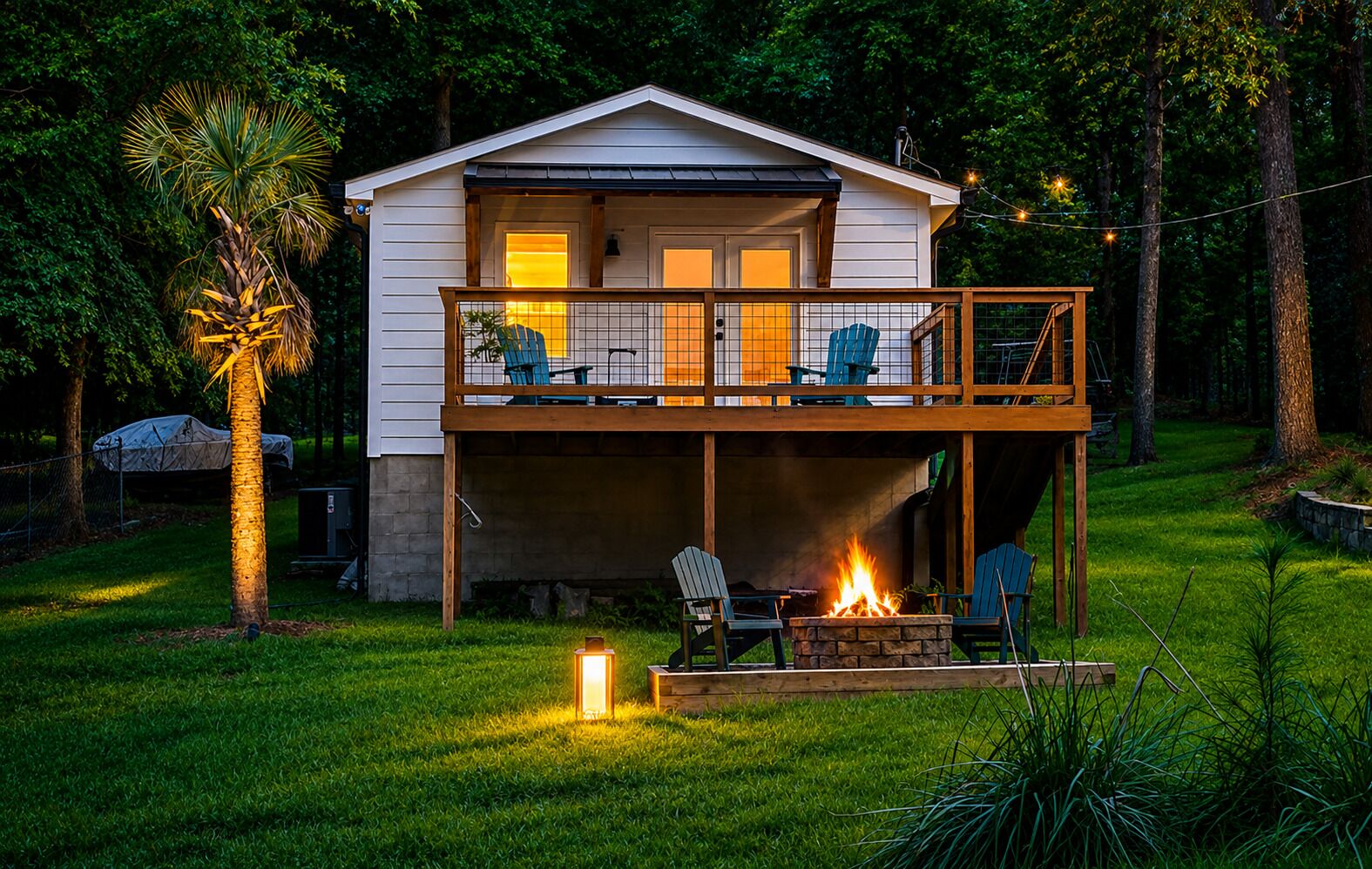 Een tweelaags huis met een balkon, een vuurkorf en buitenmeubilair.