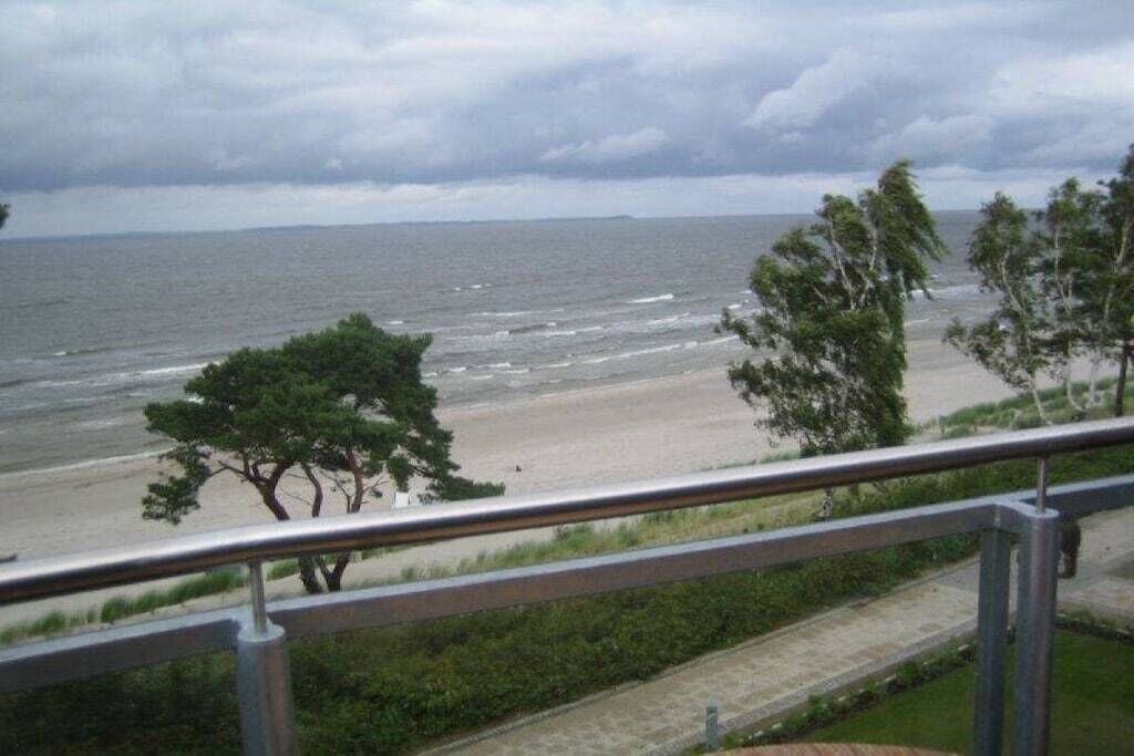 A coastal view with a beach, trees, and a cloudy sky.