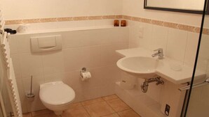 Un bany amb vàter, rentapel i zona de dutxa.