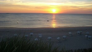 Una platja amb un capvespre, mar tranquil·la i gandules.
