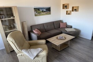 A modern living room with a sofa, armchair, and coffee table. - Holiday apartment with 2 bedrooms (Altenau)