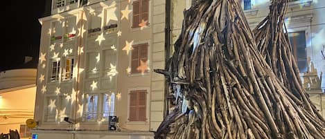 A building with a star-patterned facade and a large pile of branches in front.