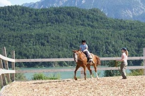 A person riding a horse in an outdoor arena with a mountainous backdrop. - 4 - at the Füssen equestrian center (Weißensee-Füssen)