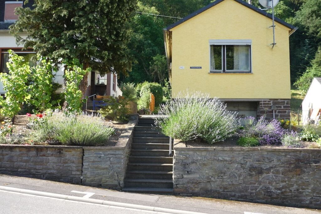 A yellow house with a stone staircase leading to the entrance, surrounded by various plants and a tree.