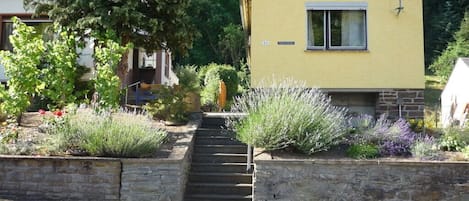 A yellow house with a stone staircase leading to the entrance, surrounded by various plants and a tree.