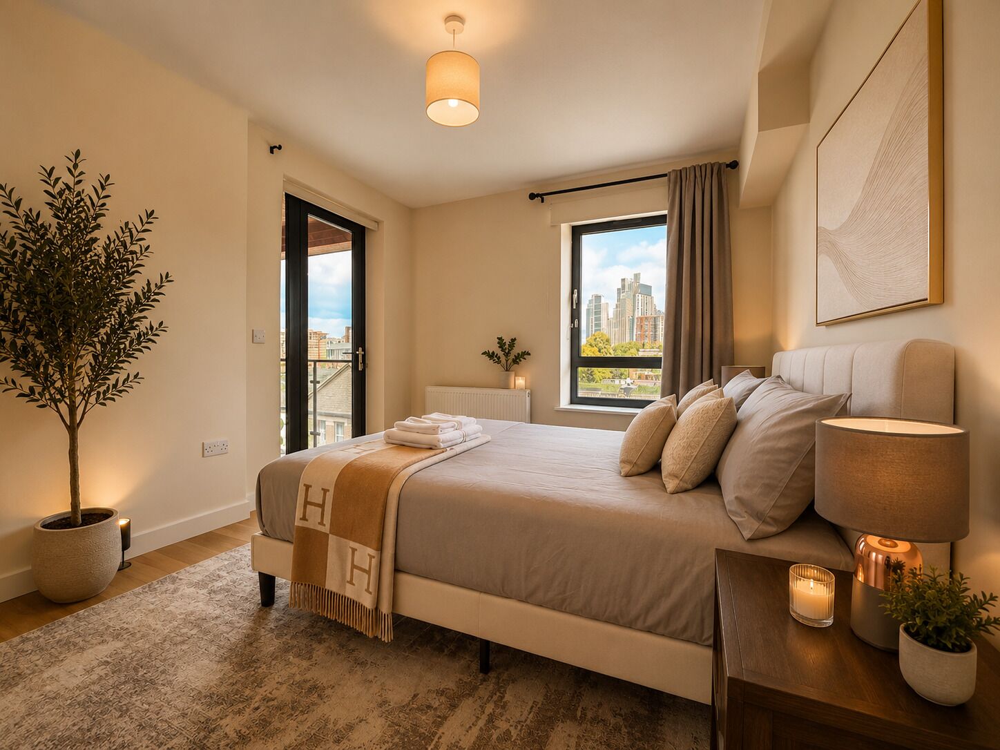 Habitación de hotel con cama, planta en maceta, ventana con vistas a edificios, lámpara de noche y mesita de noche con una vela.