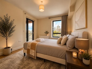 A hotel room with a bed, a potted plant, a window with a view of buildings, a bedside lamp, and a nightstand with a candle. - Luxury 1-Bedroom Nine Elms Apartment | AC & Private Balcony (London)
