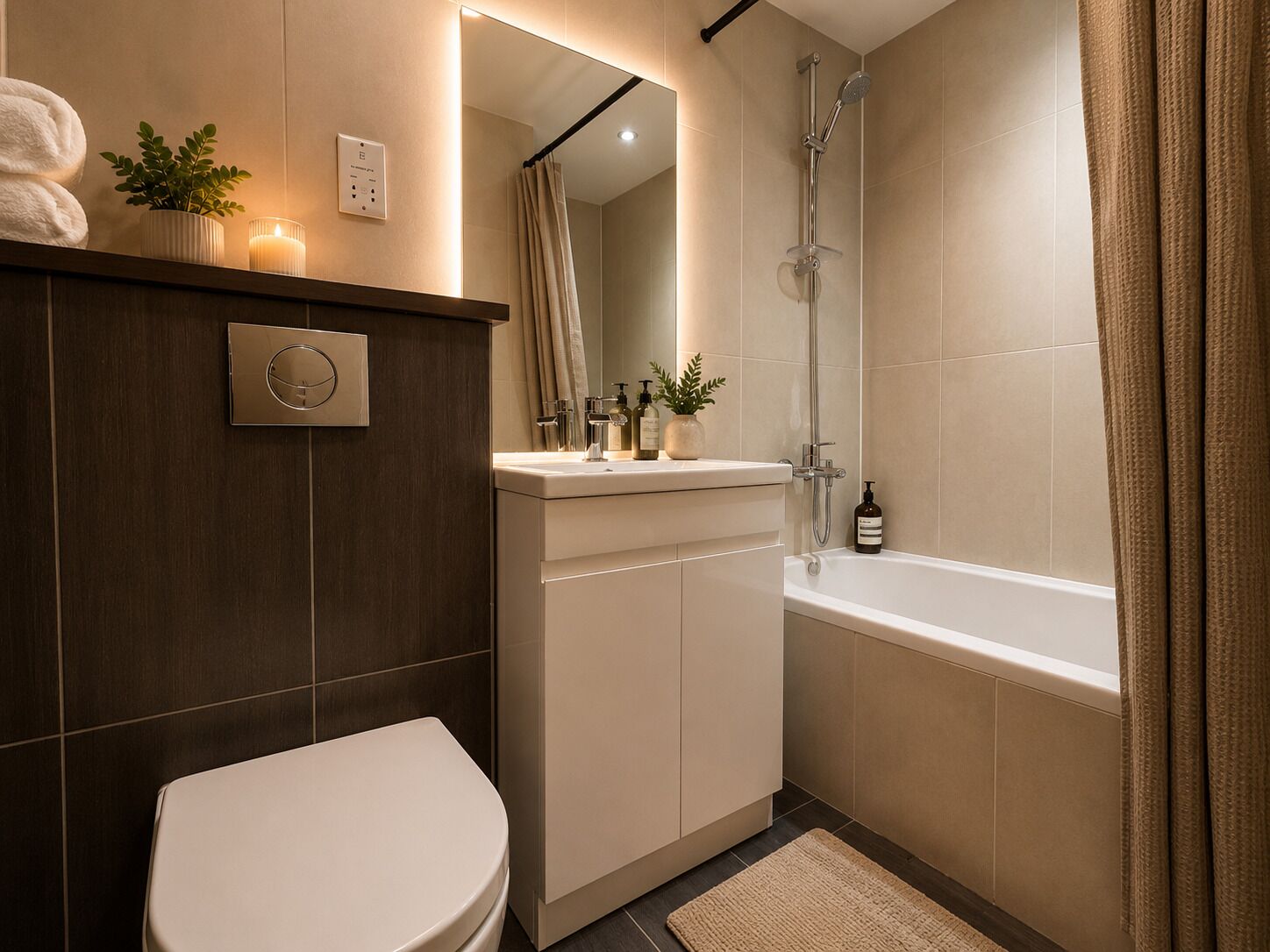 A modern bathroom with a toilet, a sink, a shower, and a bathtub.