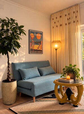 A living room with a sofa, a potted plant, a lamp, a poster, and a window with curtains. - Charming Getaway for 2 with a Veranda & Pool | Conil. (Conil de la Frontera)