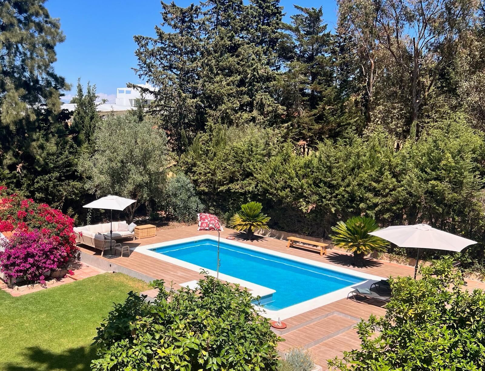 A backyard with a swimming pool, surrounded by trees and shrubs, and includes outdoor seating and umbrellas.
