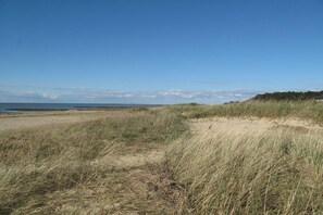 A coastal landscape with a clear sky, sandy terrain, and grassy dunes. - Holiday apartment with 2 bedrooms (Cuxhaven)