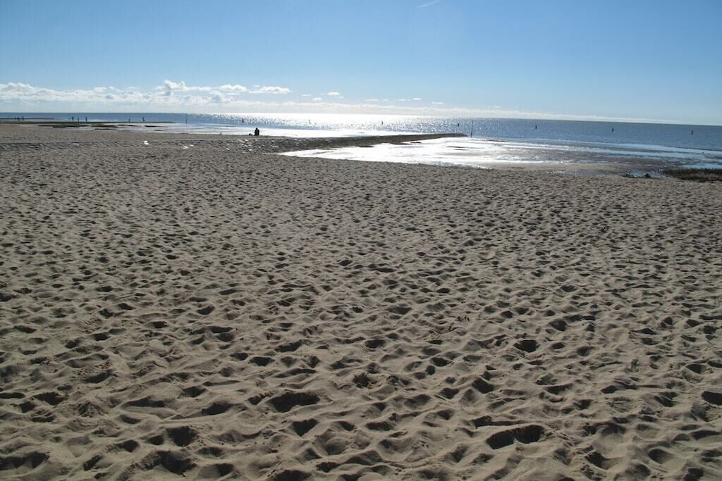 A sandy beach with footprints leading to the water.