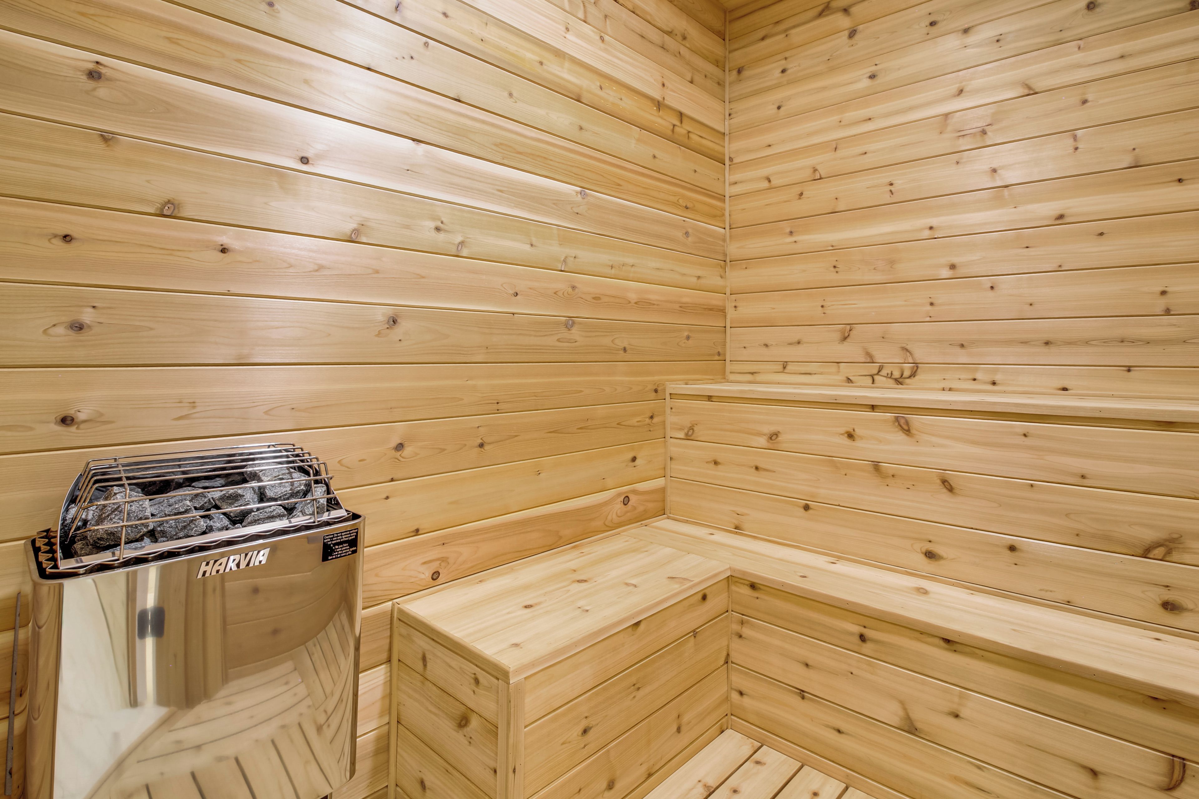 A wooden sauna with benches and a sauna heater.
