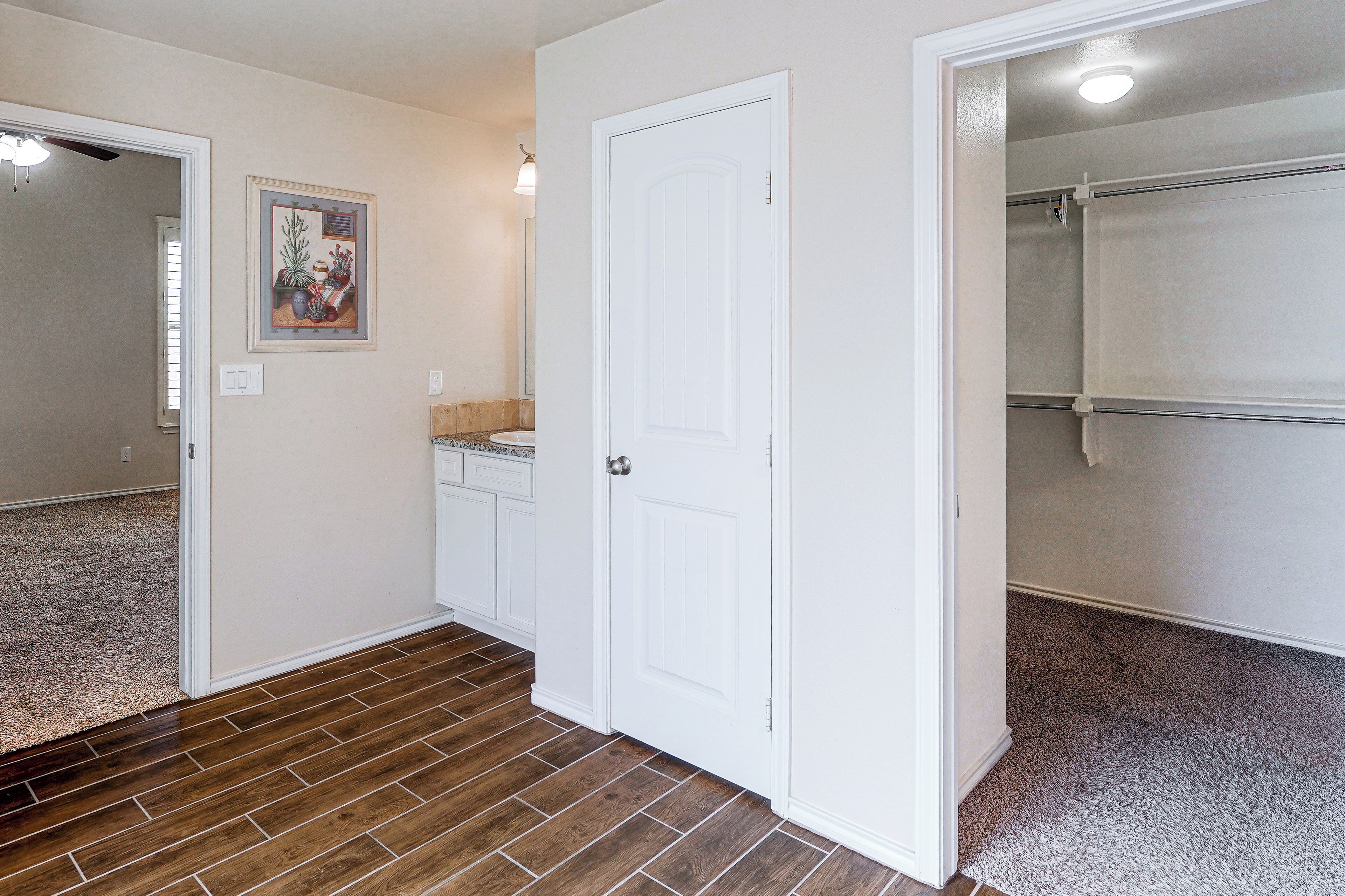 A hallway with a white door, a bathroom with a shower, and a carpeted floor.