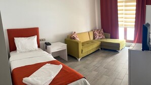 A hotel room with a bed, a sofa, a desk, and a washing machine. - BATIN OTEL (Karabük)