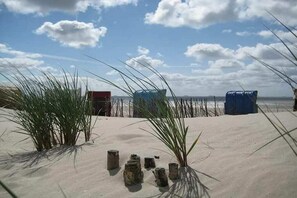 Ein sandiger Strand mit vereinzelter Vegetation und blauem Himmel.