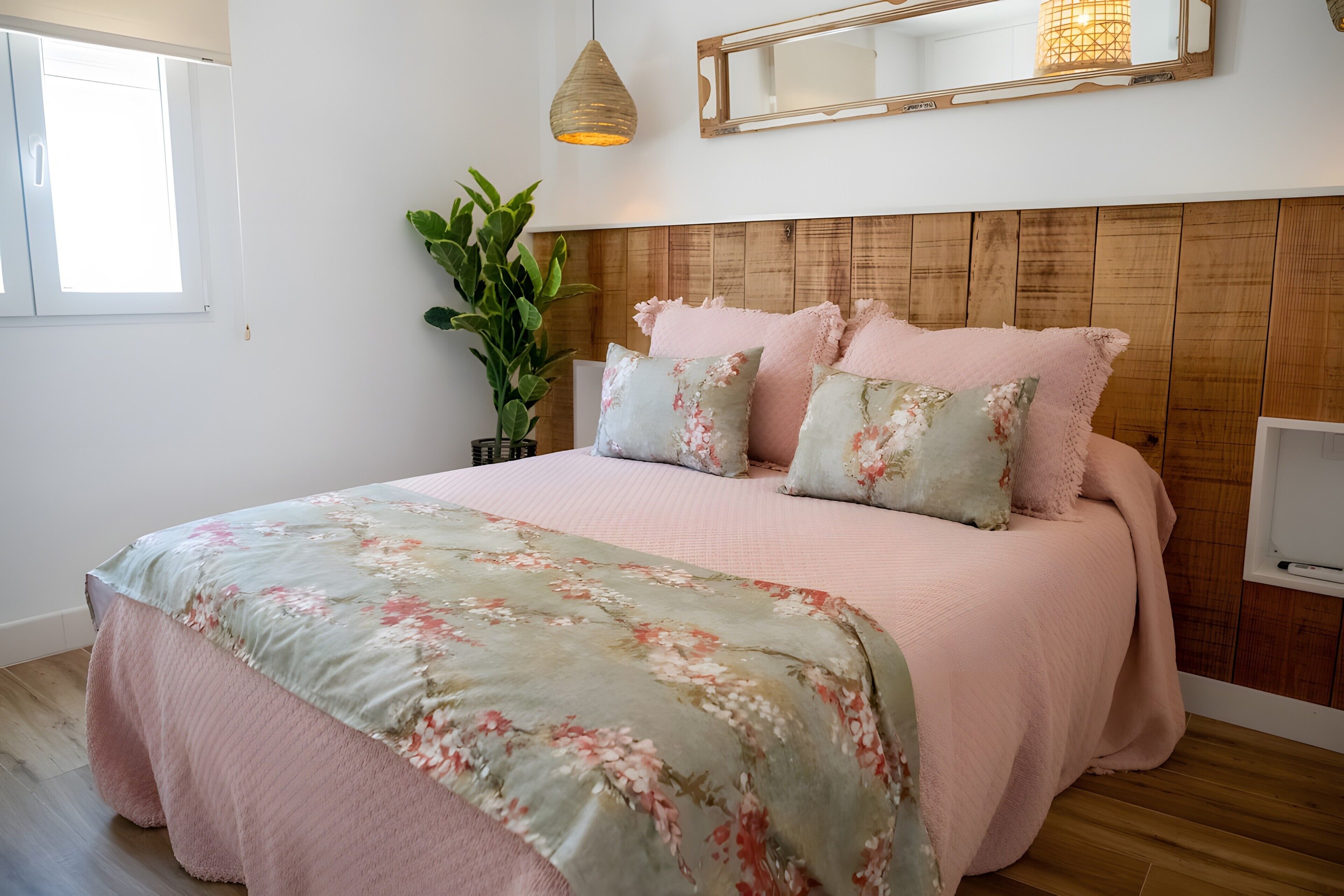 A bedroom with a wooden headboard, a bed with floral bedding, a potted plant, and a bedside table with a lamp.