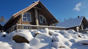 Una cabaña de madera con techo pronunciado, ventanas amplias y un porche cubierto de nieve.