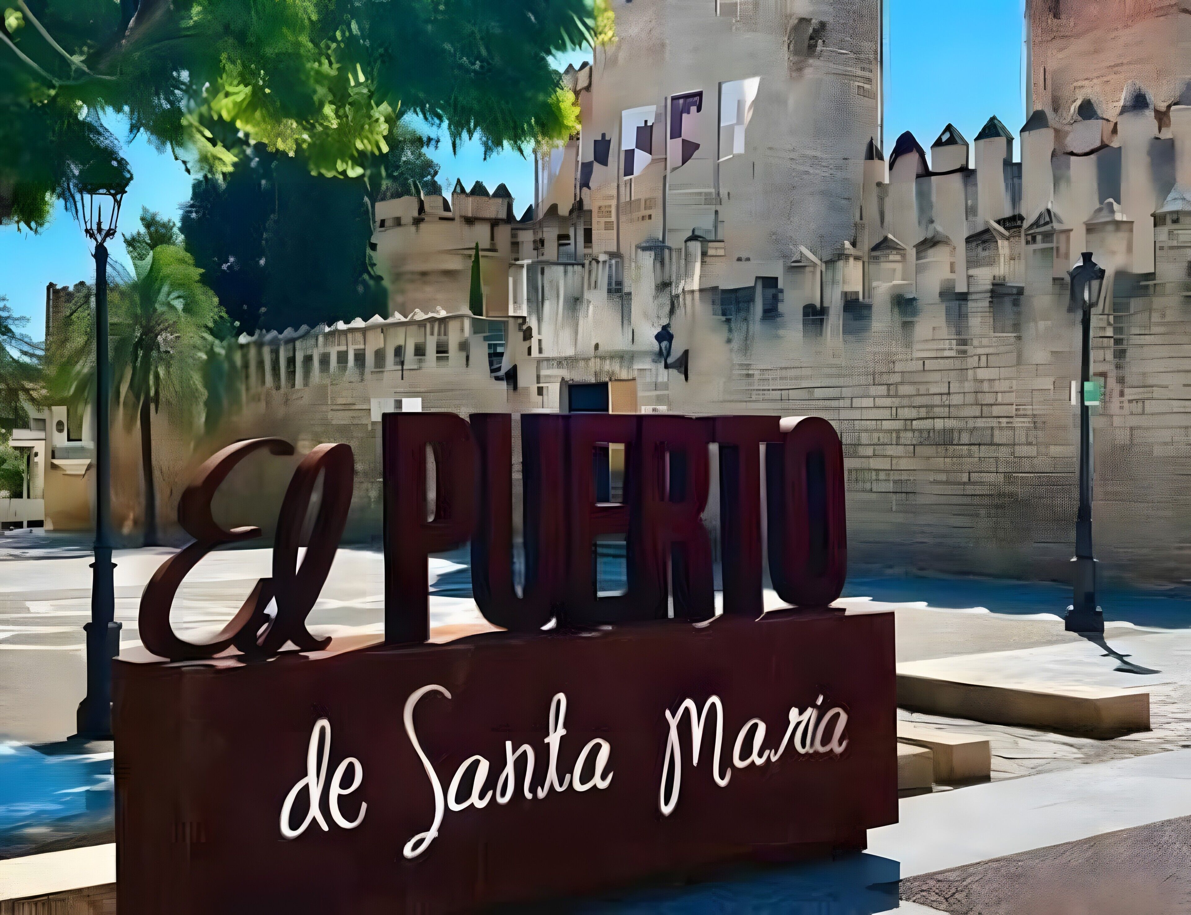 Ein Schild mit der Aufschrift 'El Puerto de Santa Maria', im Hintergrund eine burgähnliche Struktur.