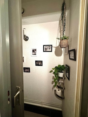 A hallway with a white textured wall, a hanging plant, and several framed pictures. - La Vue Blanche – Spacious, Balcony & Mont Blanc View (Chamonix)