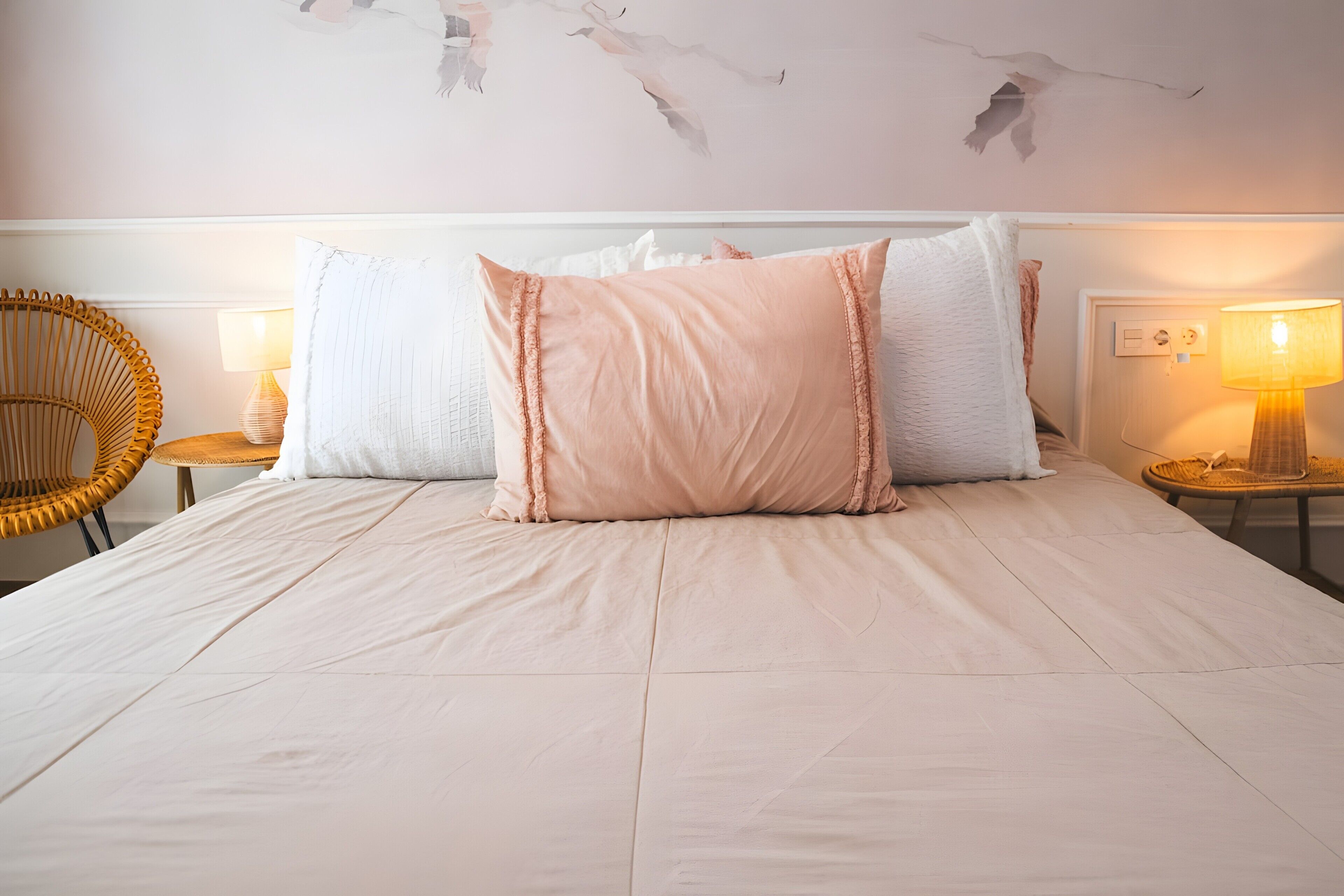 Una cama con ropa blanca y dos almohadas, una silla de mimbre y una lámpara de noche.