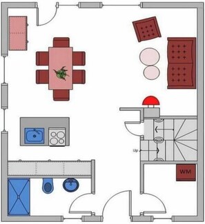 A floor plan with a dining area, kitchen, bathroom, and a small office labeled 'WM'. - Holiday home with 3 bedrooms (St.Peter-Ording)