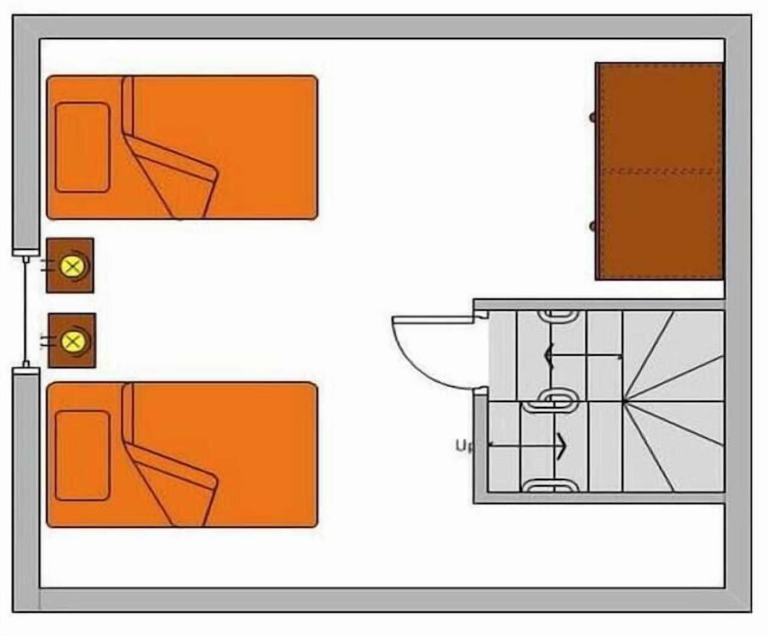 Een plattegrond met twee slaapkamers, een badkamer en een keuken.