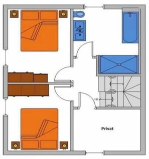 A hotel room layout with a bed, a bathroom, and a kitchenette. - Holiday home with 3 bedrooms (St.Peter-Ording)