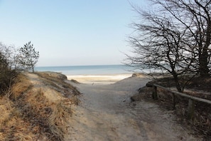 A sandy path leading to a beach with a wooden fence on one side. - ||---------------Right on the beach-----------------------|| (Heringsdorf)
