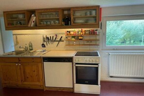 A kitchen with wooden cabinets, a dishwasher, an oven, and a window with a view of trees. - Holiday home at Krechenbach (Eckarts)