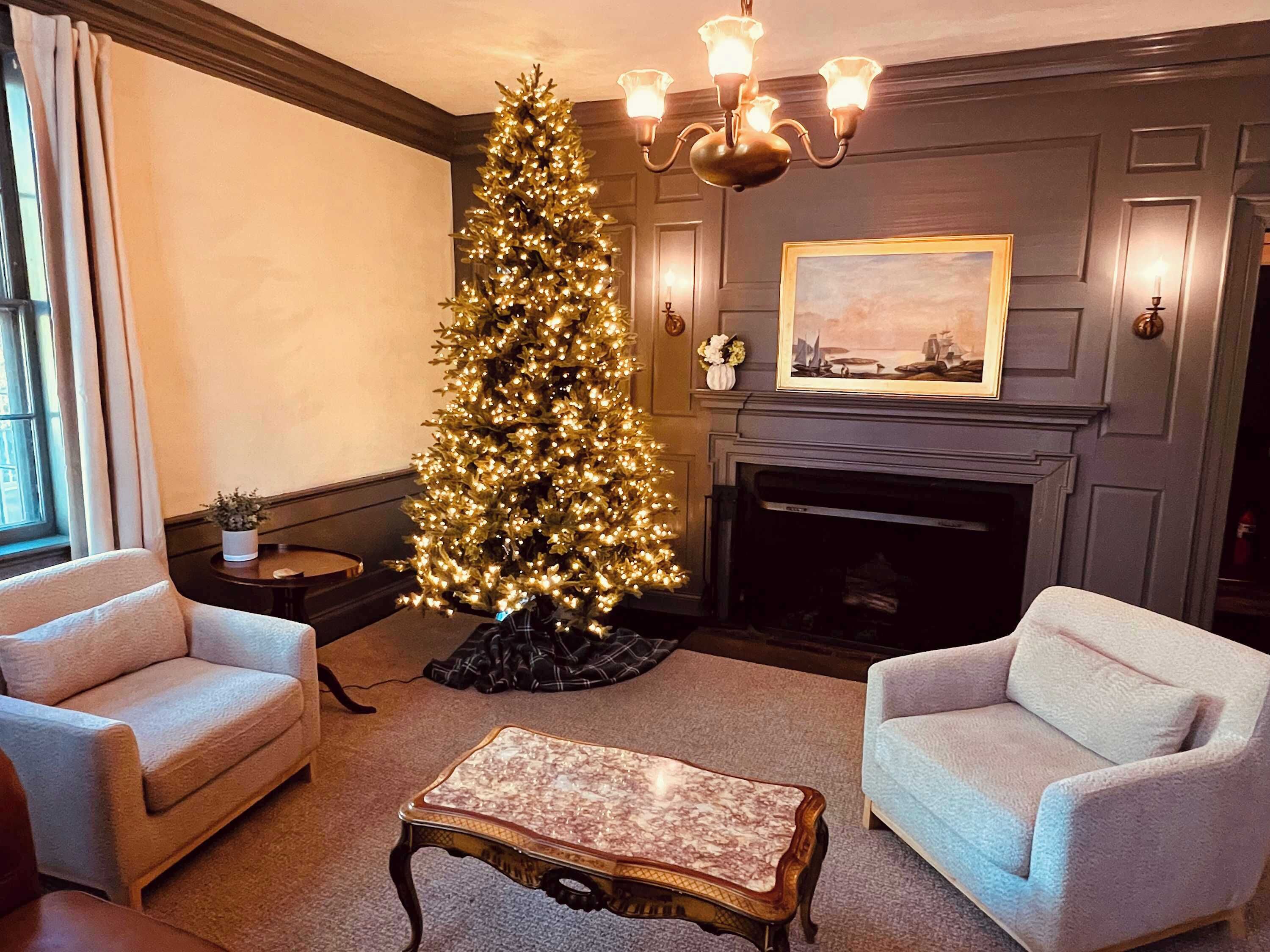 Een gezellige woonkamer met een hoge, verlichte kerstboom, twee fauteuils, een marmeren salontafel en een open haard met daarboven een lijstwerk met een schilderij.
