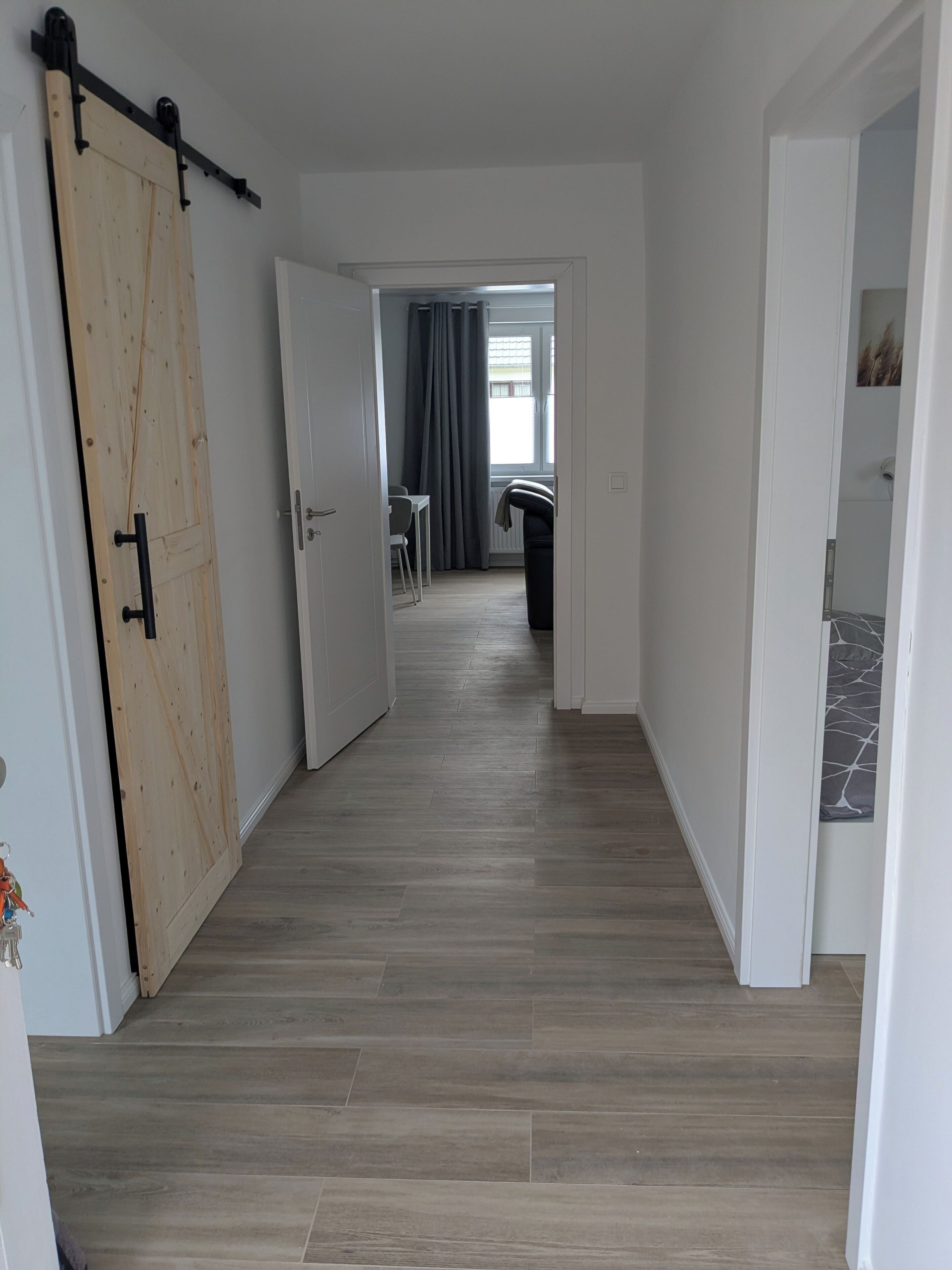 A hallway with a wooden sliding door, a dining area with a table and chairs, and a radiator.