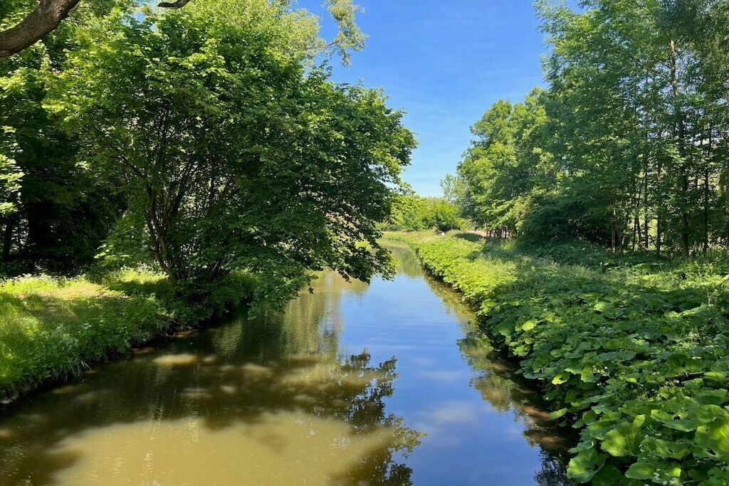 Ein schmaler Kanal, gesäumt von dichtem Grün und Bäumen.