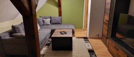 A modern living room with a sofa, a coffee table, and a television.