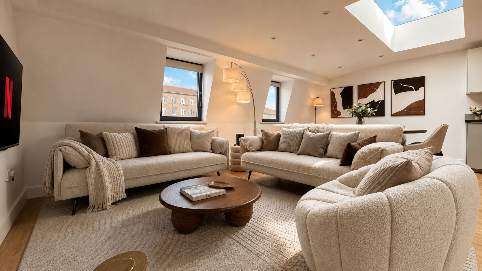 A modern living room with a sofa set, a coffee table, and a skylight.