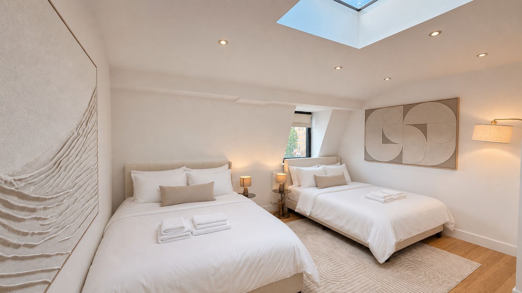 Ein modernes Schlafzimmer mit zwei Betten, einem Oberlicht und einem großen abstrakten Gemälde.