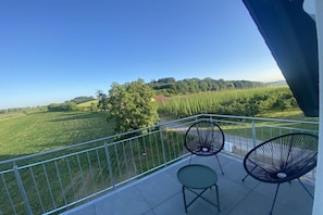 Ein Balkon mit einem Metallgeländer, zwei Stühlen und Blick auf ein grünes Feld und Bäume.