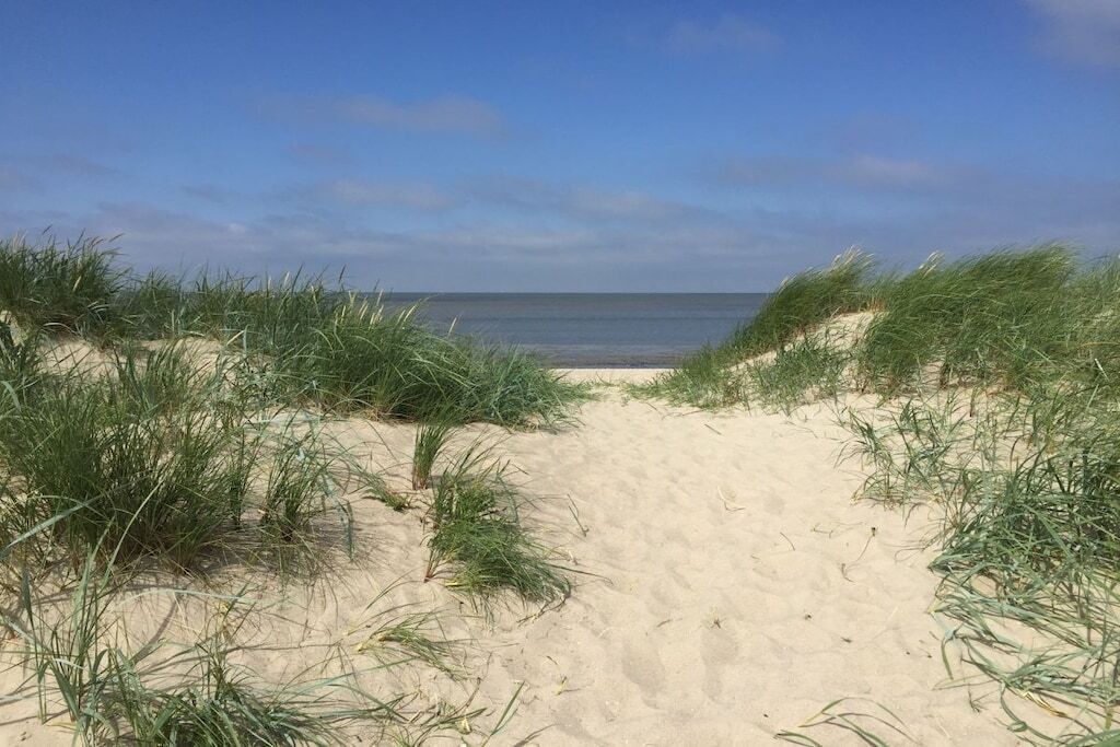 Ein sandiger Küstenweg führt zum Meer, begleitet von Dünen an beiden Seiten.