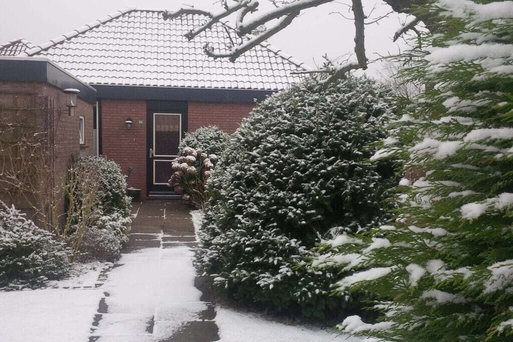 A snow-covered pathway leading to a brick house with a tiled roof.