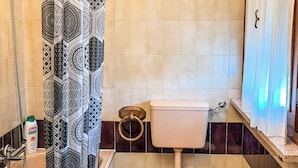 A bathroom with a toilet, a shower, and a bathtub.