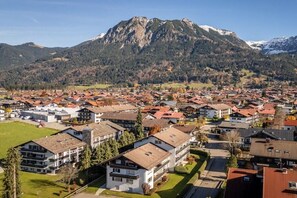 Un quartiere residenziale con case, una montagna e cielo sereno.