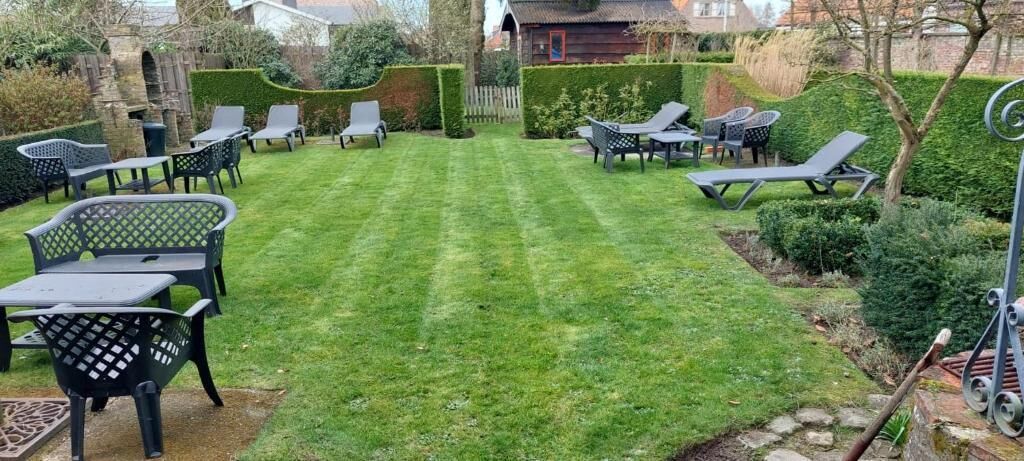 Un jardín bien cuidado con césped, zona de estar y una pequeña construcción.