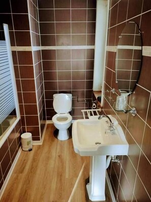 Une salle de bain avec des toilettes, un lavabo et un miroir.