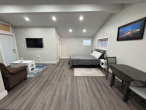A bedroom with a bed, a desk, a chair, a TV, and a window. - PET FRIENDLY; 1 queen bed open concept studio apartment. (St. John's)
